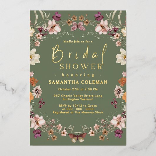 Pastel Boho Wildflower Sage Groen Vrijgezellenfees Folie Uitnodiging (Voorkant)