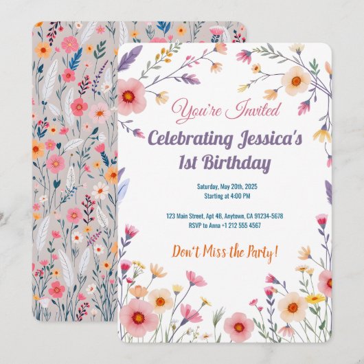 Pastel Boho Wildflower Verjaardag Kaart Ontwerp (Voorkant / Achterkant)