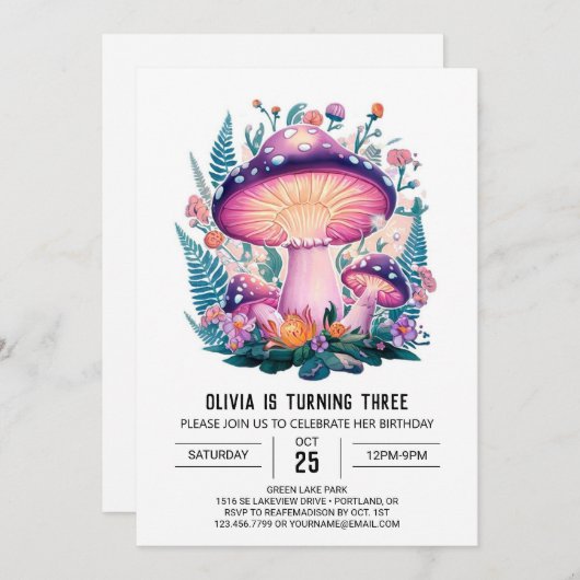 Pastel Bossen Digitale Paddestoel Verjaardag Kaart (Voorkant / Achterkant)