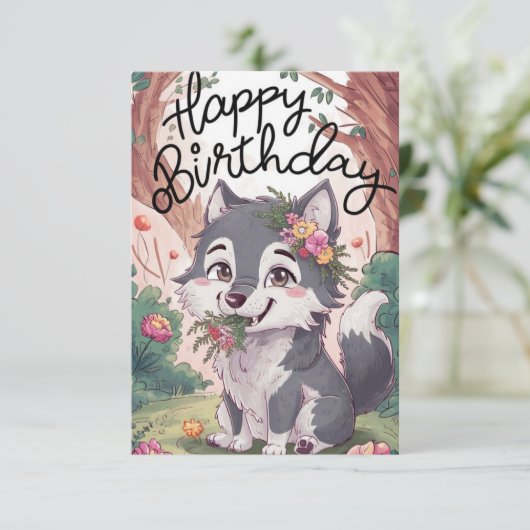 Pastel Bossen Wolf Digitale Verjaardag Kaart (Staand voorkant)