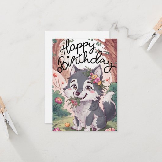 Pastel Bossen Wolf Digitale Verjaardag Kaart (Voorkant / Achterkant in situ)