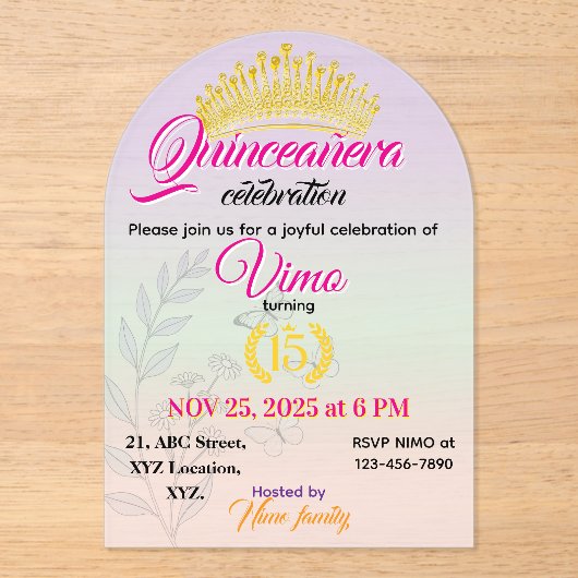 Pastel Botanical Quinceañera Acrylic Invitation Acryl Uitnodigingen (Voorkant)