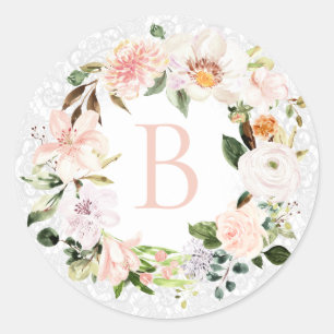 Pastel Botanische Bloemen Kant Krans Monogram Ronde Sticker