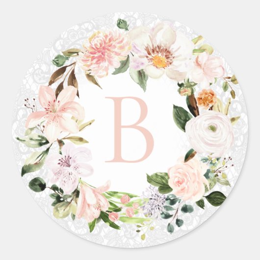 Pastel Botanische Bloemen Kant Krans Monogram Ronde Sticker (Voorkant)