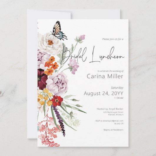 Pastel & Bourgondië Blooms Floral Bridal Luncheon Kaart (Voorkant)