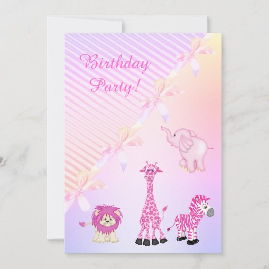 PASTEL BOW ZOO ANIMALS BIRTHDAY PARTIJ INVITATIE KAART (Voorkant)