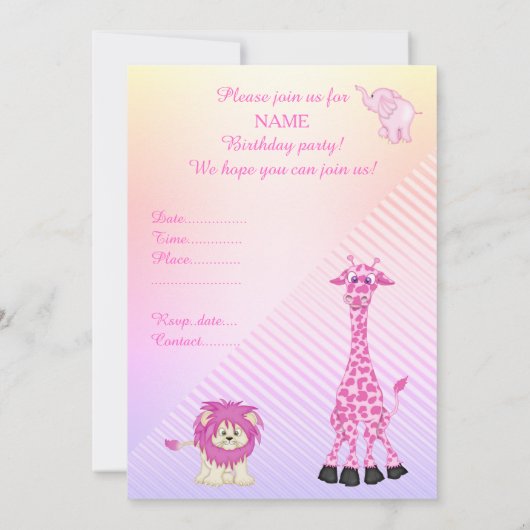 PASTEL BOW ZOO ANIMALS BIRTHDAY PARTIJ INVITATIE KAART (Achterkant)