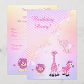 PASTEL BOW ZOO ANIMALS BIRTHDAY PARTIJ INVITATIE KAART (Voorkant / Achterkant)
