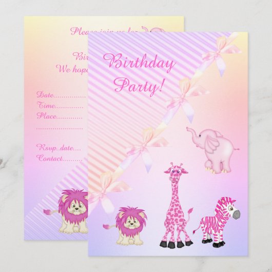 PASTEL BOW ZOO ANIMALS BIRTHDAY PARTIJ INVITATIE KAART (Voorkant / Achterkant)