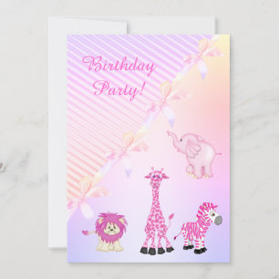 PASTEL BOW ZOO ANIMALS BIRTHDAY PARTIJ INVITATIE KAART