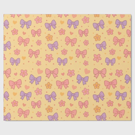 Pastel Bows & Flowers Pattern – Cute Yellow Girly Cadeaupapier (Vlak)