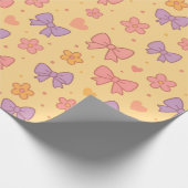 Pastel Bows & Flowers Pattern – Cute Yellow Girly Cadeaupapier (Hoek)