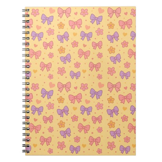 Pastel Bows & Flowers Pattern – Cute Yellow Girly Notitieboek (Voorkant)