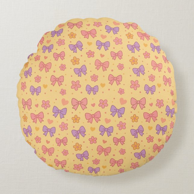 Pastel Bows & Flowers Pattern – Cute Yellow Girly  Rond Kussen (Voorkant)