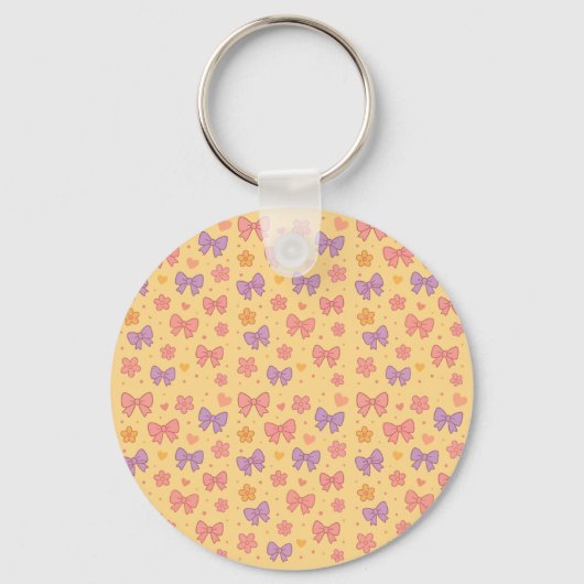 Pastel Bows & Flowers Pattern – Cute Yellow Girly  Sleutelhanger (Voorkant)