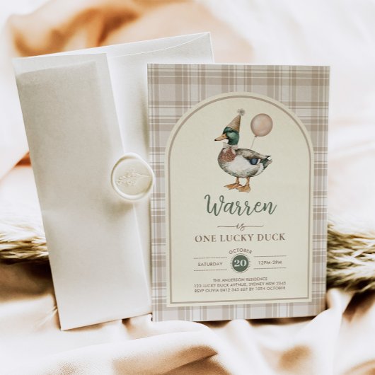 Pastel Brown One Lucky Duck Balloon 1st Birthday Kaart