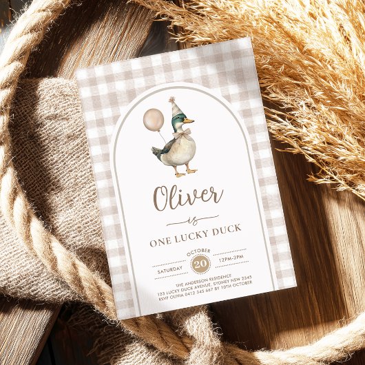 Pastel Brown One Lucky Duck Balloon 1st Birthday Kaart