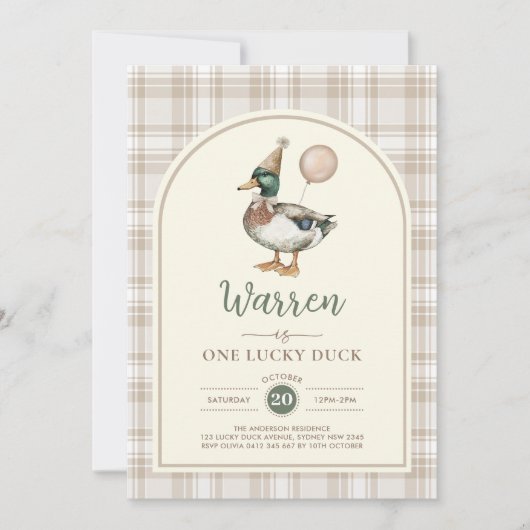 Pastel Brown One Lucky Duck Balloon 1st Birthday Kaart (Voorkant)