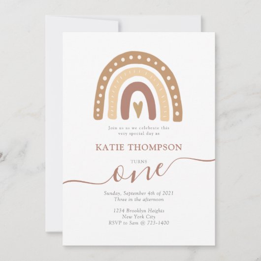 Pastel Brown Rainbow Boho First Birthday Kaart (Voorkant)