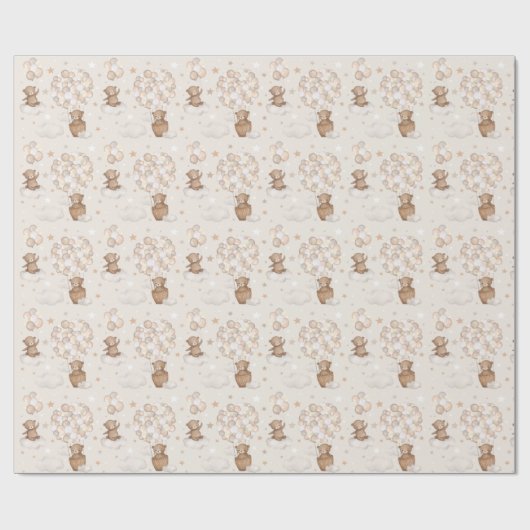 Pastel Brown Teddy Bear Hot Air Ballon Cloud Star Cadeaupapier (Vlak)