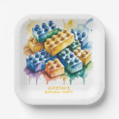 Pastel Building Block Splash Boy Birthday Party Papieren Bordje (Voorkant)