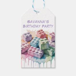Pastel Building Block Splash Girl Verjaardagsfeest Cadeaulabel