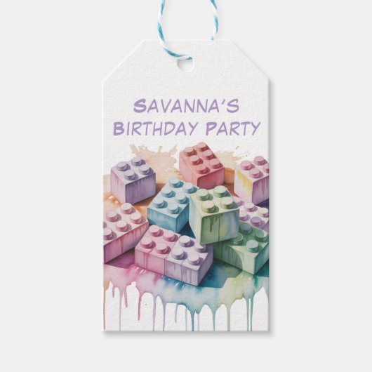 Pastel Building Block Splash Girl Verjaardagsfeest Cadeaulabel (Voorkant)