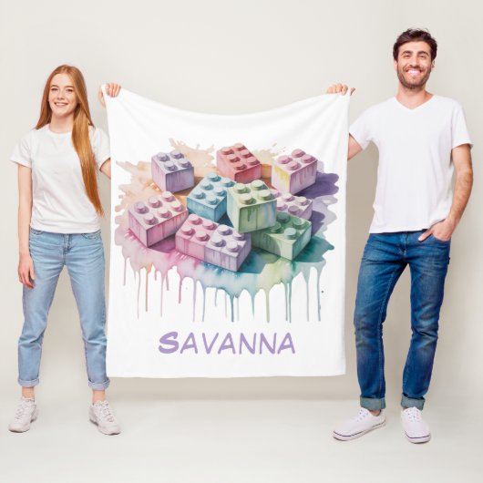 Pastel Building Block Splash Girl Verjaardagsfeest Fleece Deken (In situ)