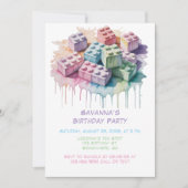 Pastel Building Block Splash Girl Verjaardagsfeest Kaart (Voorkant)