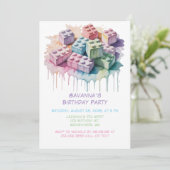 Pastel Building Block Splash Girl Verjaardagsfeest Kaart (Staand voorkant)
