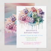 Pastel Building Block Splash Girl Verjaardagsfeest Kaart (Voorkant / Achterkant)