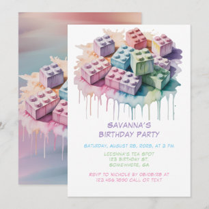 Pastel Building Block Splash Girl Verjaardagsfeest Kaart
