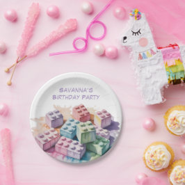 Pastel Building Block Splash Girl Verjaardagsfeest Papieren Bordje
