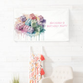 Pastel Building Block Splash Girl Verjaardagsfeest Spandoek (Insitu)