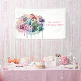 Pastel Building Block Splash Girl Verjaardagsfeest Spandoek
