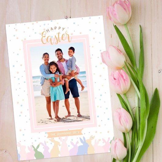 Pastel Bunny Border Happy Easter Familie Fotokaart Aankondiging