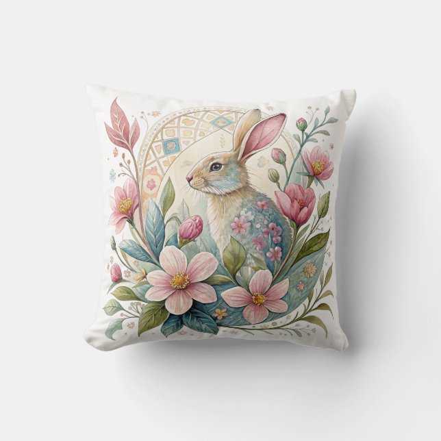 Pastel Bunny met bloemen Kussen (Voorkant)