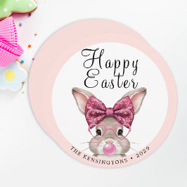Pastel Bunny Pasen met Familienaam Patroon Feestdagenkaart