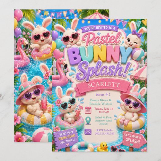 Pastel Bunny Splash Verjaardagsfeest - Zwembadfees Kaart (Voorkant / Achterkant)