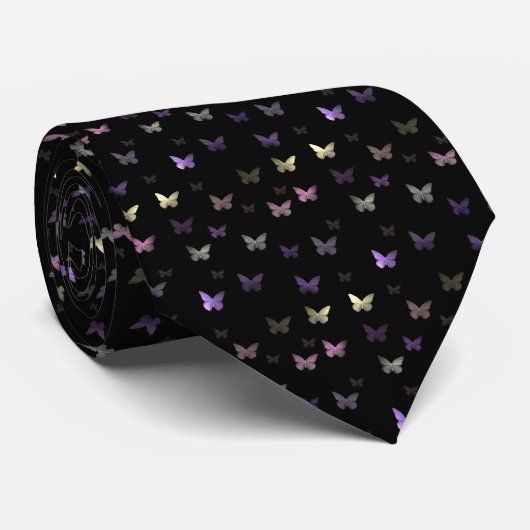 Pastel Butterflies op zwarte achtergrond Necktie Stropdas (Opgerold)