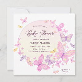 Pastel Butterflies Pink Purple Elegant Baby Shower Kaart