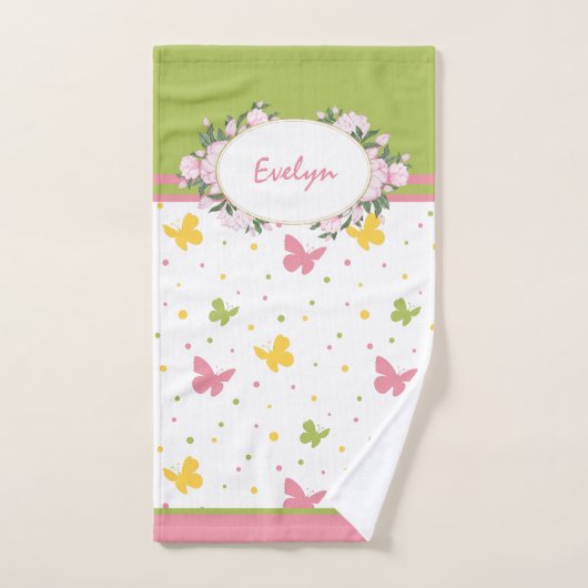 Pastel Butterfly Pattern met Flowers and Name Bad Handdoek (Handdoek)