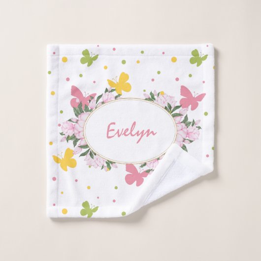 Pastel Butterfly Pattern met Flowers and Name Bad Handdoek (Wasdoekje)