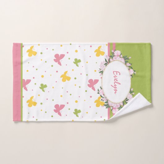 Pastel Butterfly Pattern met Flowers and Name Bad Handdoek (Handdoek)
