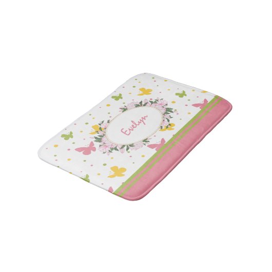 Pastel Butterfly Pattern met Flowers and Name Bat Badmat (Gekanteld)