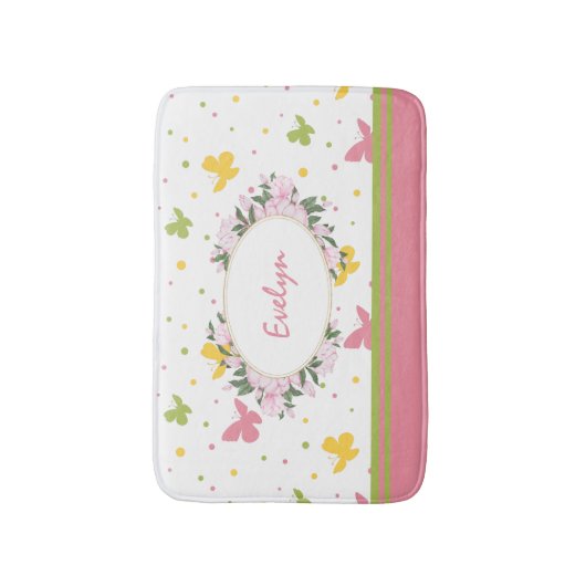 Pastel Butterfly Pattern met Flowers and Name Bat Badmat (Voorkant Verticaal)