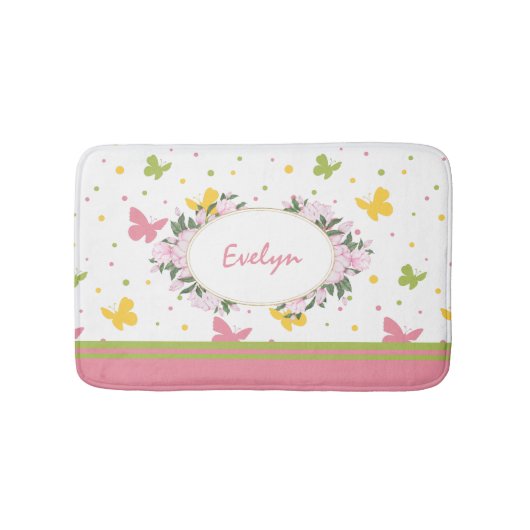 Pastel Butterfly Pattern met Flowers and Name Bat Badmat (Voorkant)