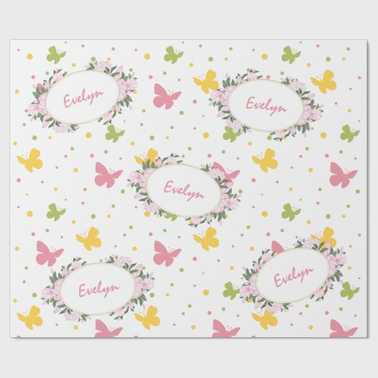 Pastel Butterfly Pattern met Flowers and Name Cadeaupapier (Vlak)