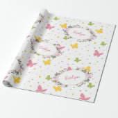Pastel Butterfly Pattern met Flowers and Name Cadeaupapier (Uitgerold)