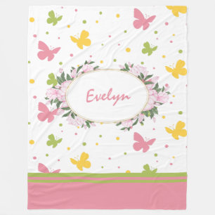 Pastel Butterfly Pattern met Flowers and Name Fleece Deken